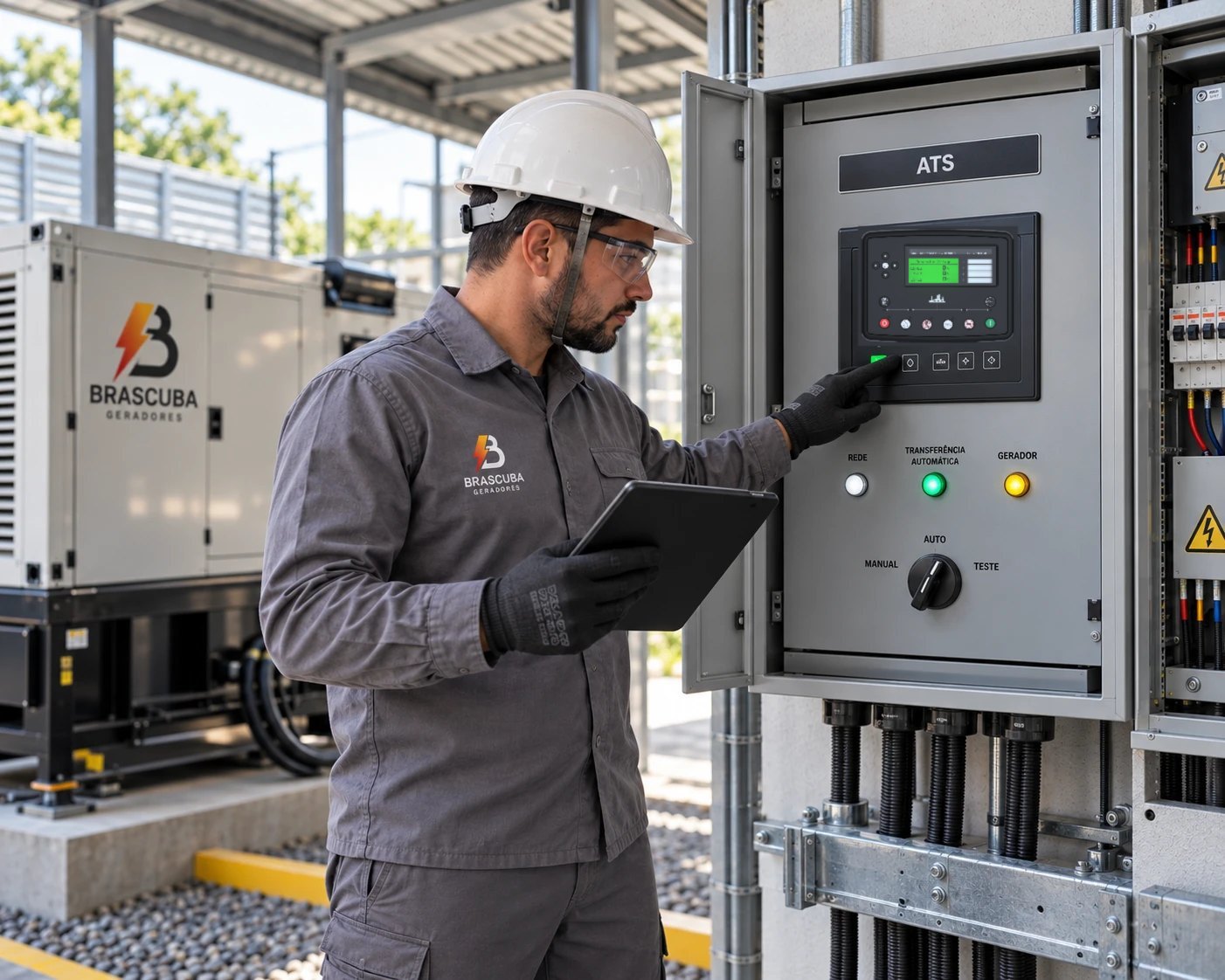 Técnico da Brascuba configurando a chave de transferência automática no quadro