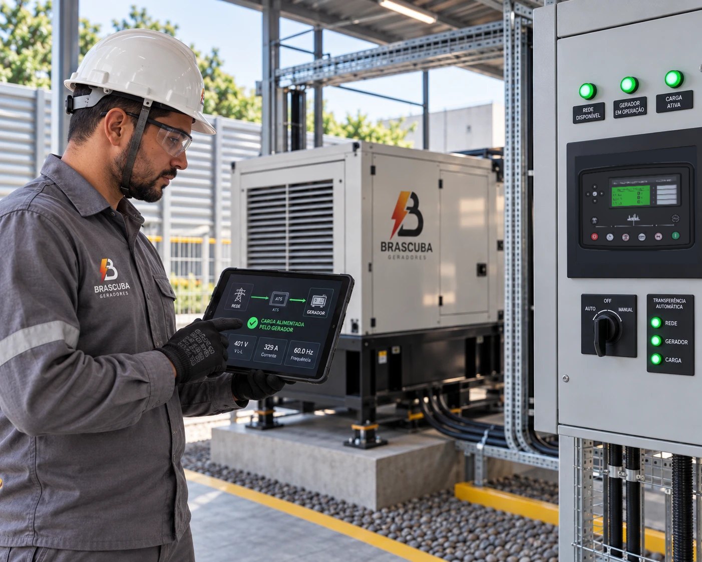 Técnico da Brascuba acompanhando no tablet o teste de carga: gerador em operação