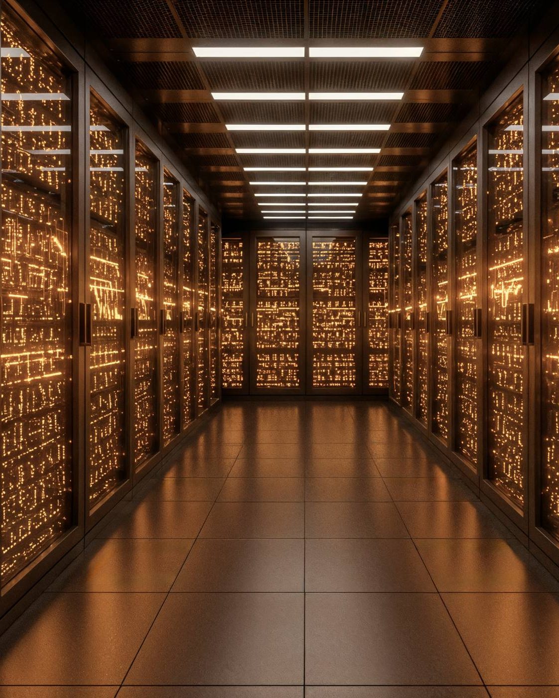 Corredor de data center com racks de servidores ligados