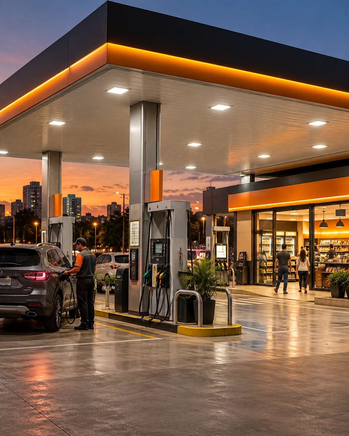 Posto de combustível iluminado no fim da tarde, com a pista em funcionamento