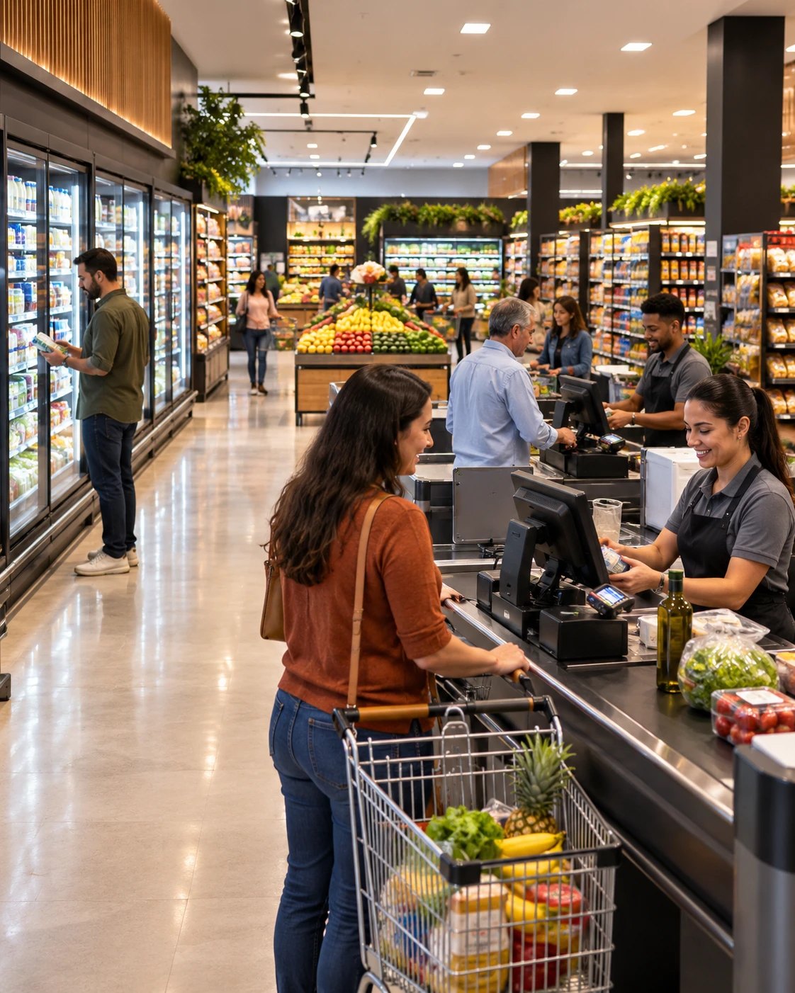 Supermercado em operação, com checkout e refrigeração ligados