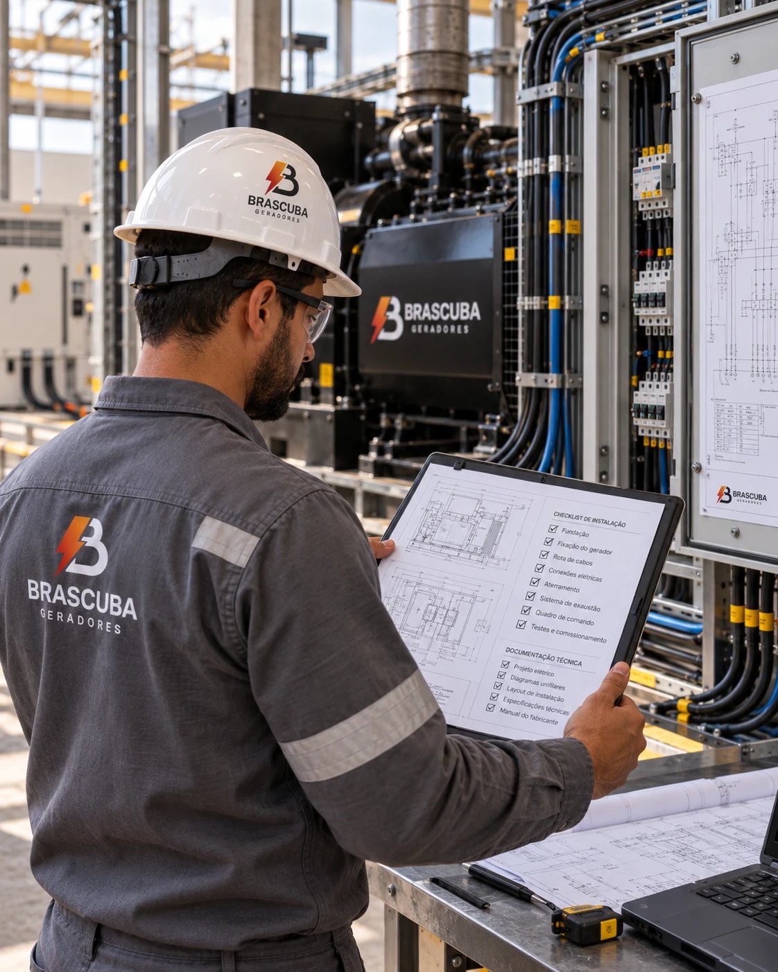Técnico da Brascuba conferindo o checklist de instalação e a documentação técnica