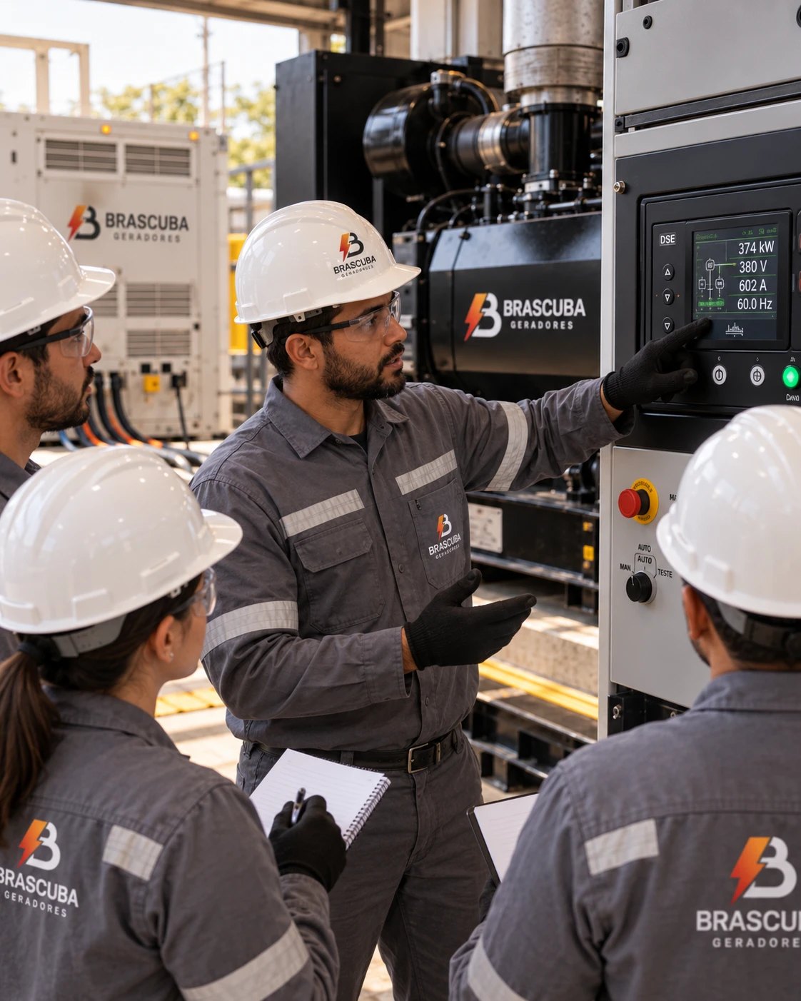 Técnico da Brascuba treinando a equipe do cliente diante do painel do gerador