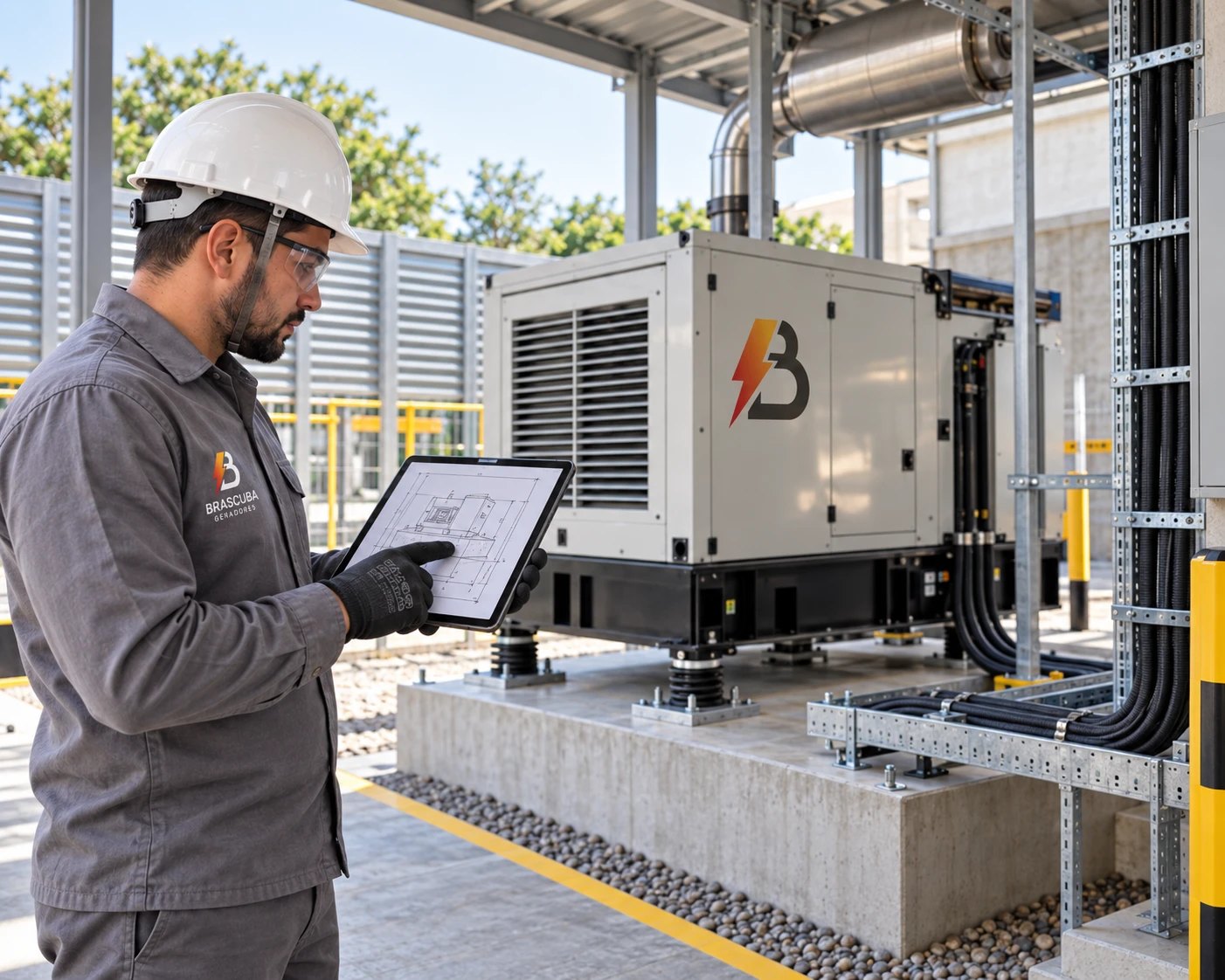 Técnico da Brascuba conferindo o projeto da base no tablet, diante do gerador instalado
