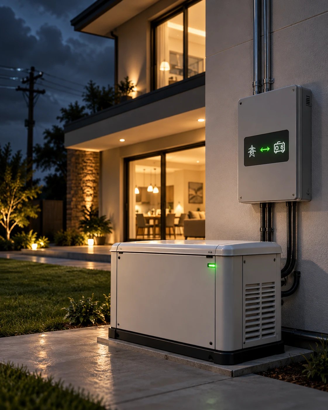 Gerador Generac e chave de transferência na lateral da casa, com o sinal verde de operação