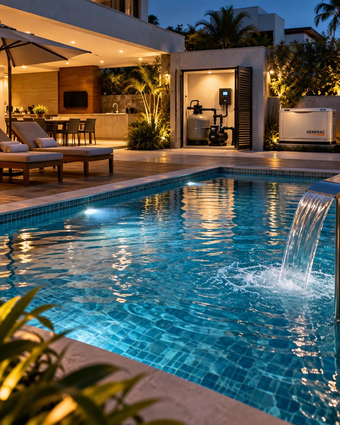Piscina iluminada à noite, com casa de máquinas e gerador Generac ao lado