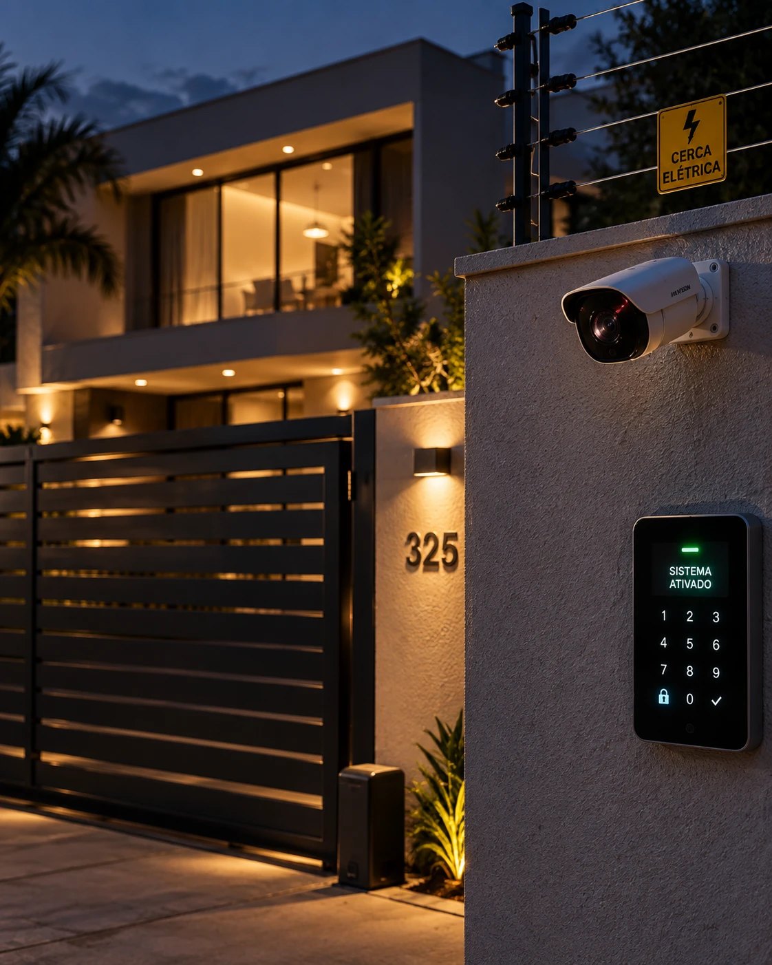 Fachada de residência à noite com câmera, cerca elétrica e alarme ativado