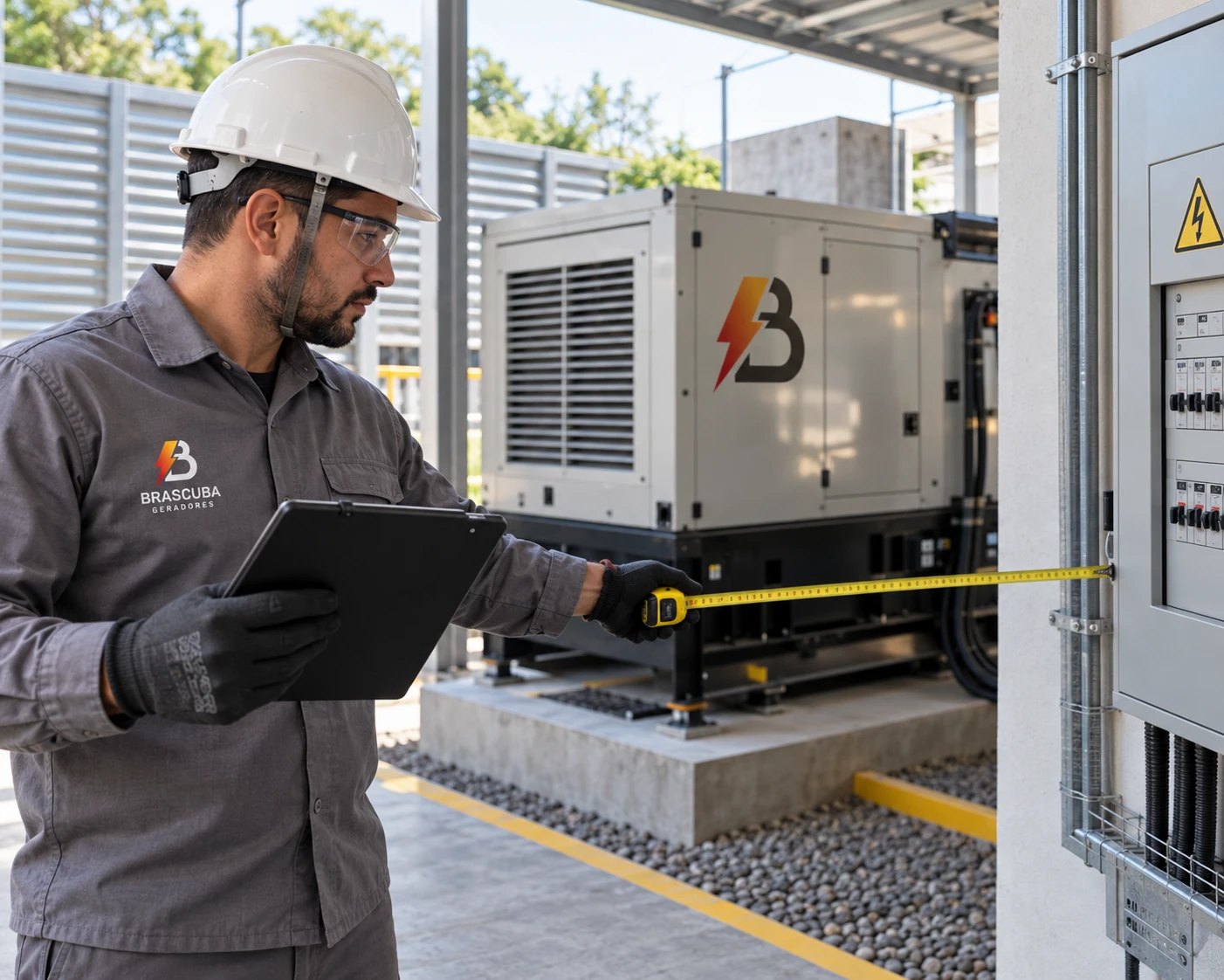 Técnico da Brascuba medindo a distância entre o gerador e o quadro elétrico